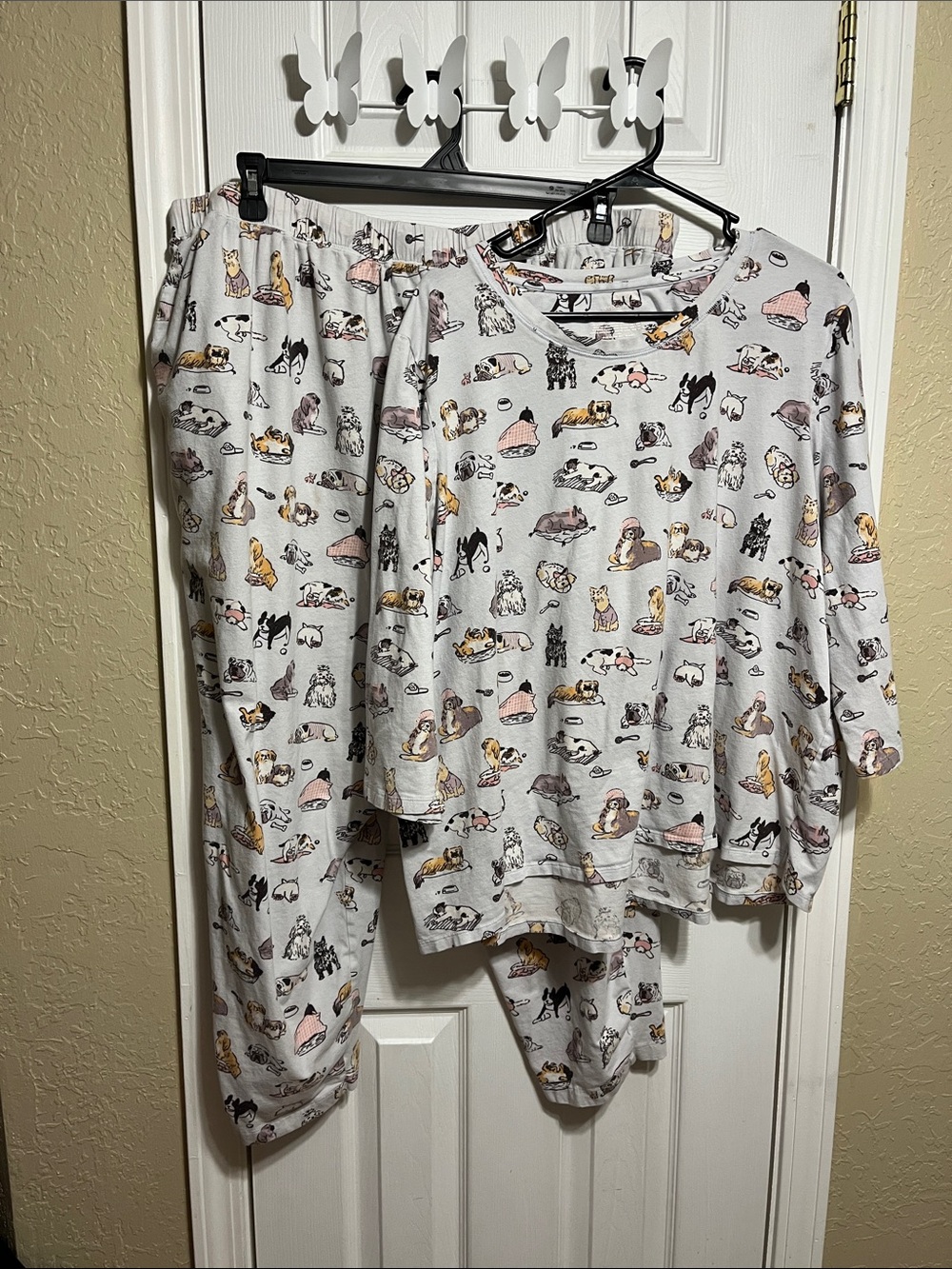 Cozy Cat & Dog Print Long Sleeve Pajama Set - White with Multicolor Accents
